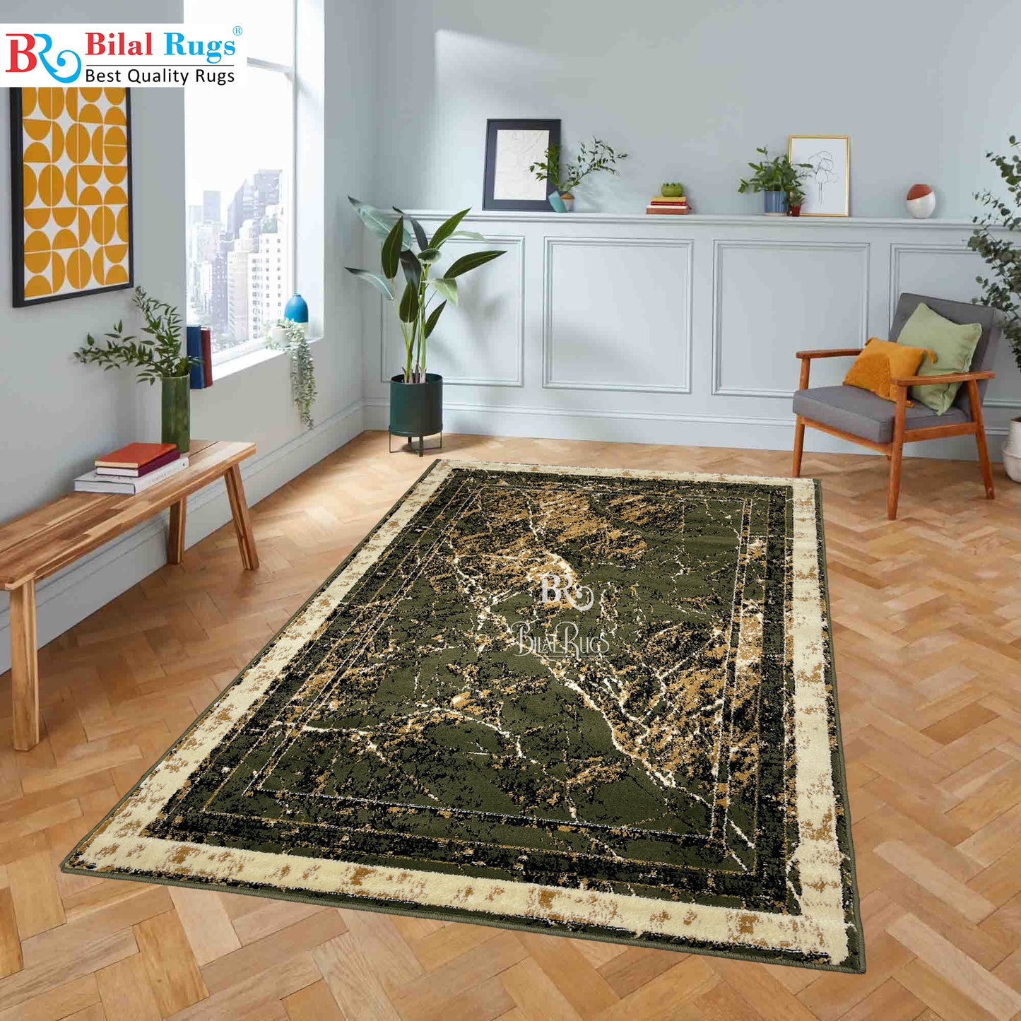 Modern polypropylene Rug,back woven
(Article-175-Green)
Size : 4 ft width x 5.6 ft length (120 cm x 170 cm)