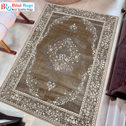 Pakistani Silk Woven Rug.(Article-1557-Light Beige) Size : 4 ft width x 5.6 ft length