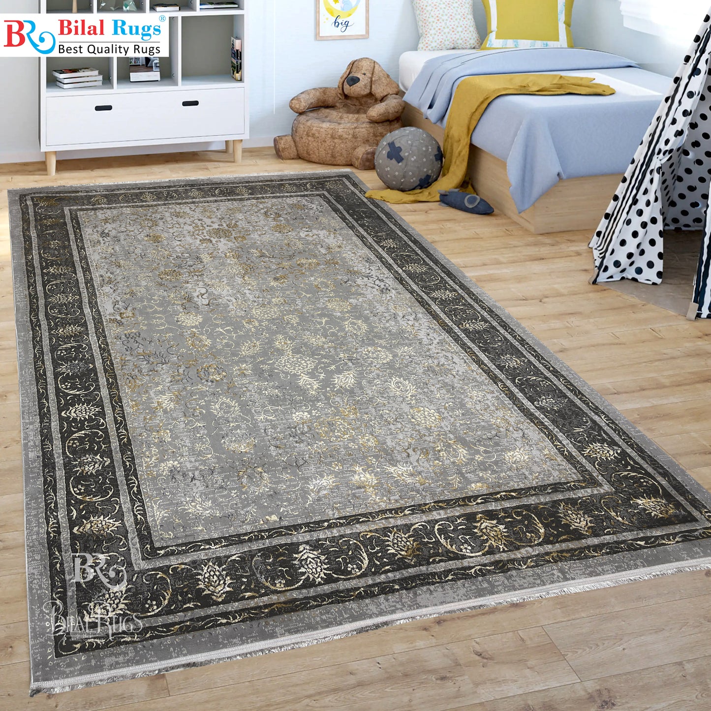 New Turkish Silk (Surya A) 
Size: 6.6 ft width x 9.6 ft length (200cm x 290cm)
Article -622- Grey & Beige