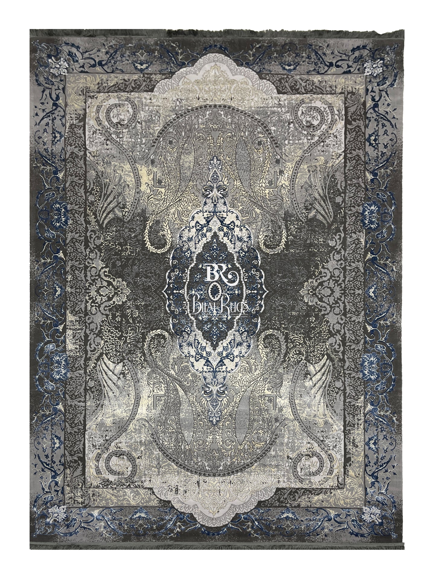 New Turkish Silk (Surya B) 
Size: 6.6 ft width x 9.6 ft length (200cm x 290cm)
Article -625- Grey , Blue