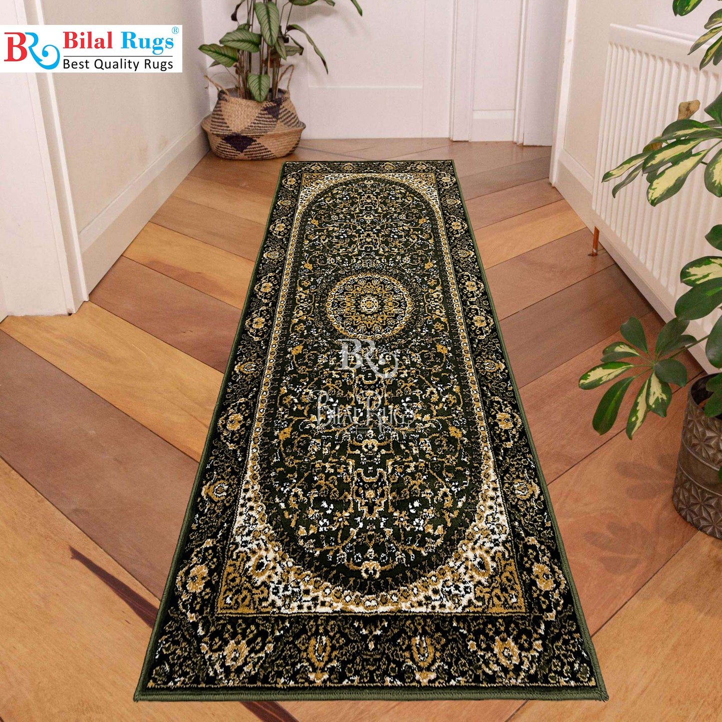 Green Persian Polypropylene Woven Runner.
 Size : 2.6 ft width x 6.6 ft length
 (80 cm x 200cm)