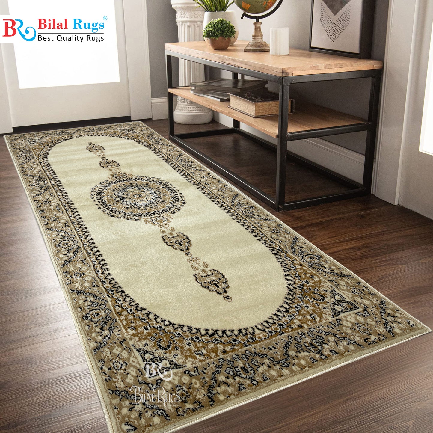 Off white Persian Polypropylene Woven Rug.
 Size : 2.6 ft width x 6.6 ft length
 (80 cm x 200cm)