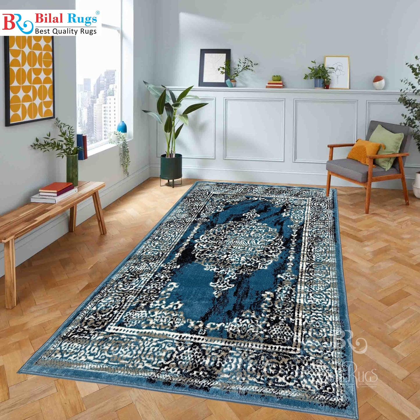 Polyester Silk Woven Rug.(Article-1456-Blue) Size : 3 ft width x 5 ft length ( 100cm x 150cm)