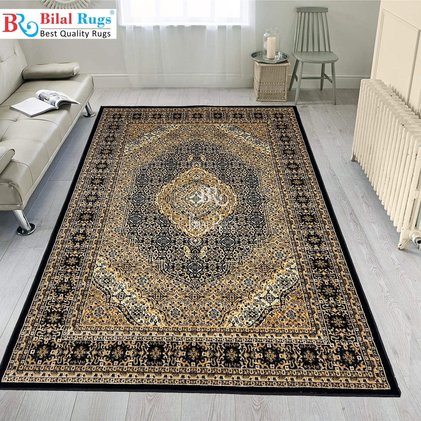 Persian polypropylene Rug,back woven(Article-99-Black) Size : 6.6 ft width x 9.6 ft length (200cm x 290cm)