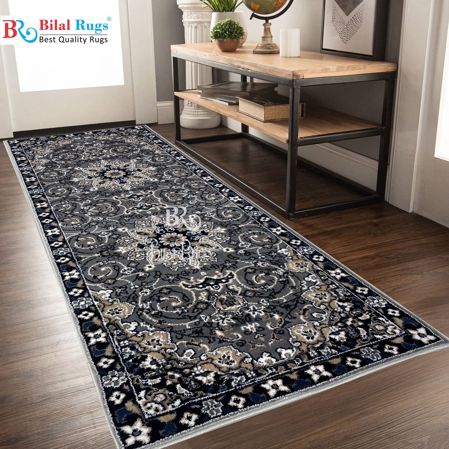 Grey Persian Polypropylene Woven Rug.  Size : 2.6 ft width x 6.6 ft length  (80 cm x 200cm)