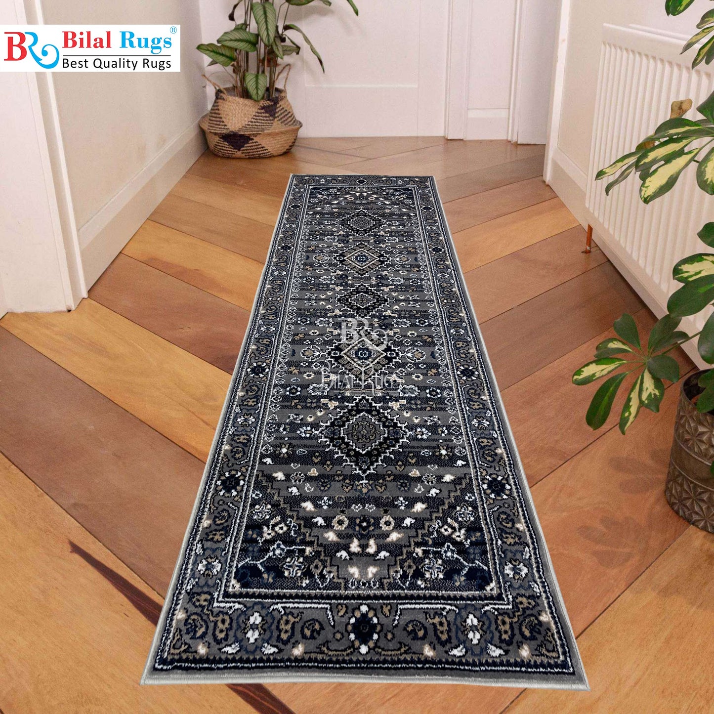 Grey Persian Polypropylene Woven Rug.  Size : 2.6 ft width x 6.6 ft length  (80 cm x 200cm)