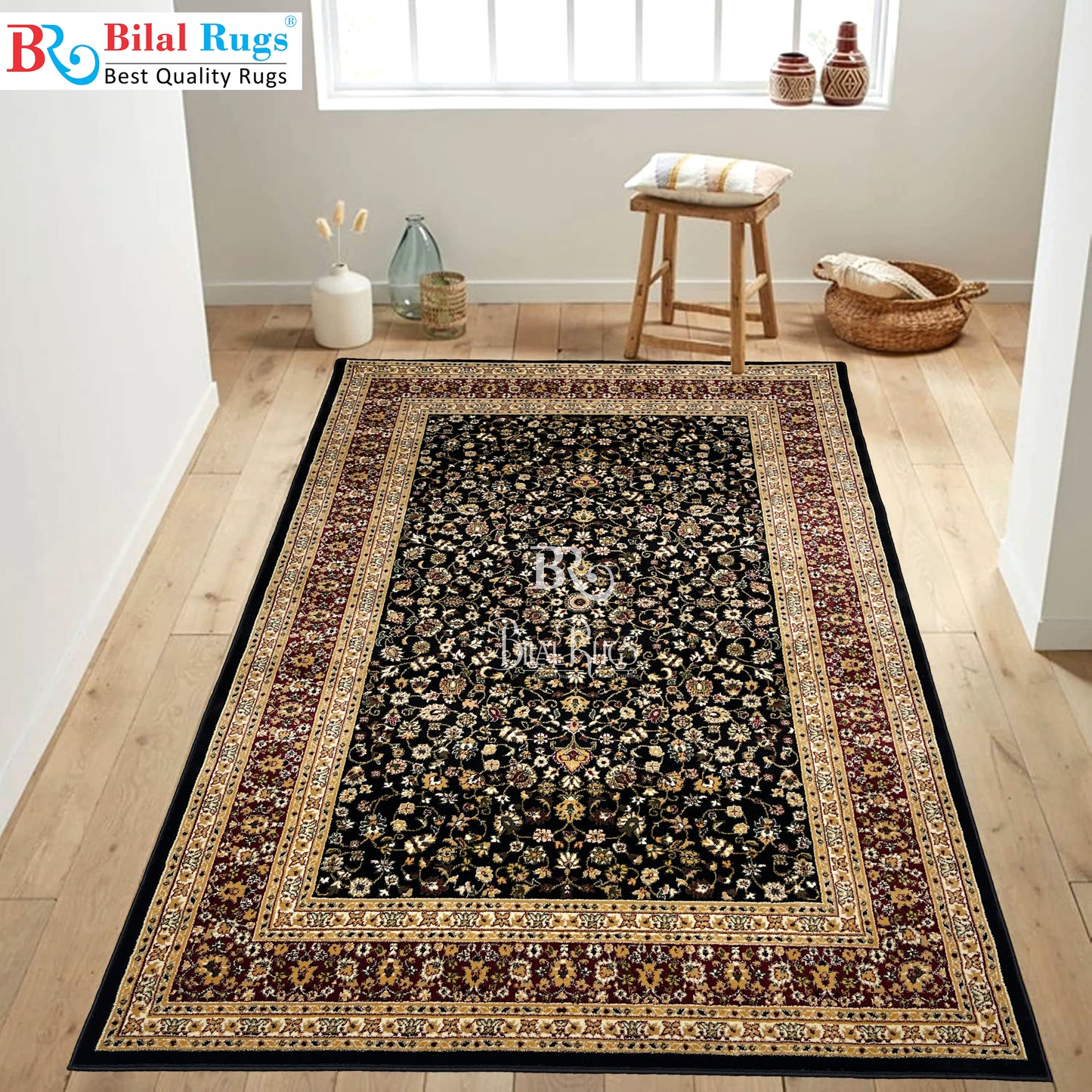 Persian polypropylene Rug,back woven(Article-140-Black) Size : 6.6 ft width x 9.6 ft length (200cm x 290cm)