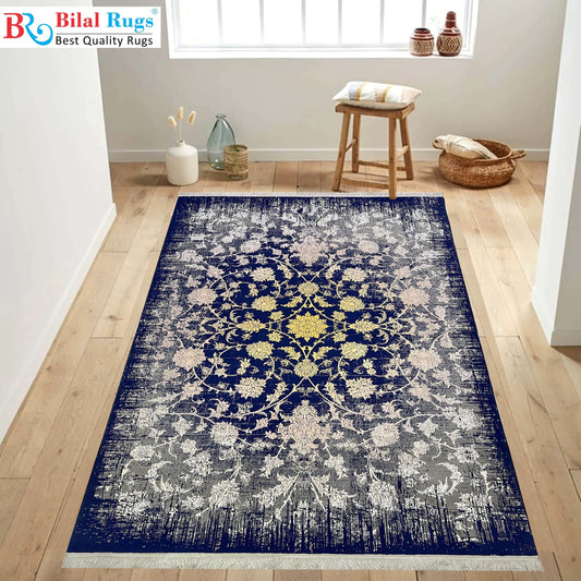 Irani Vintage Woven Rug.
 Article -2016-Grey , Yellow , Blue
Size: 6.6 ft width x 9.6 ft length (200cm x 290cm)