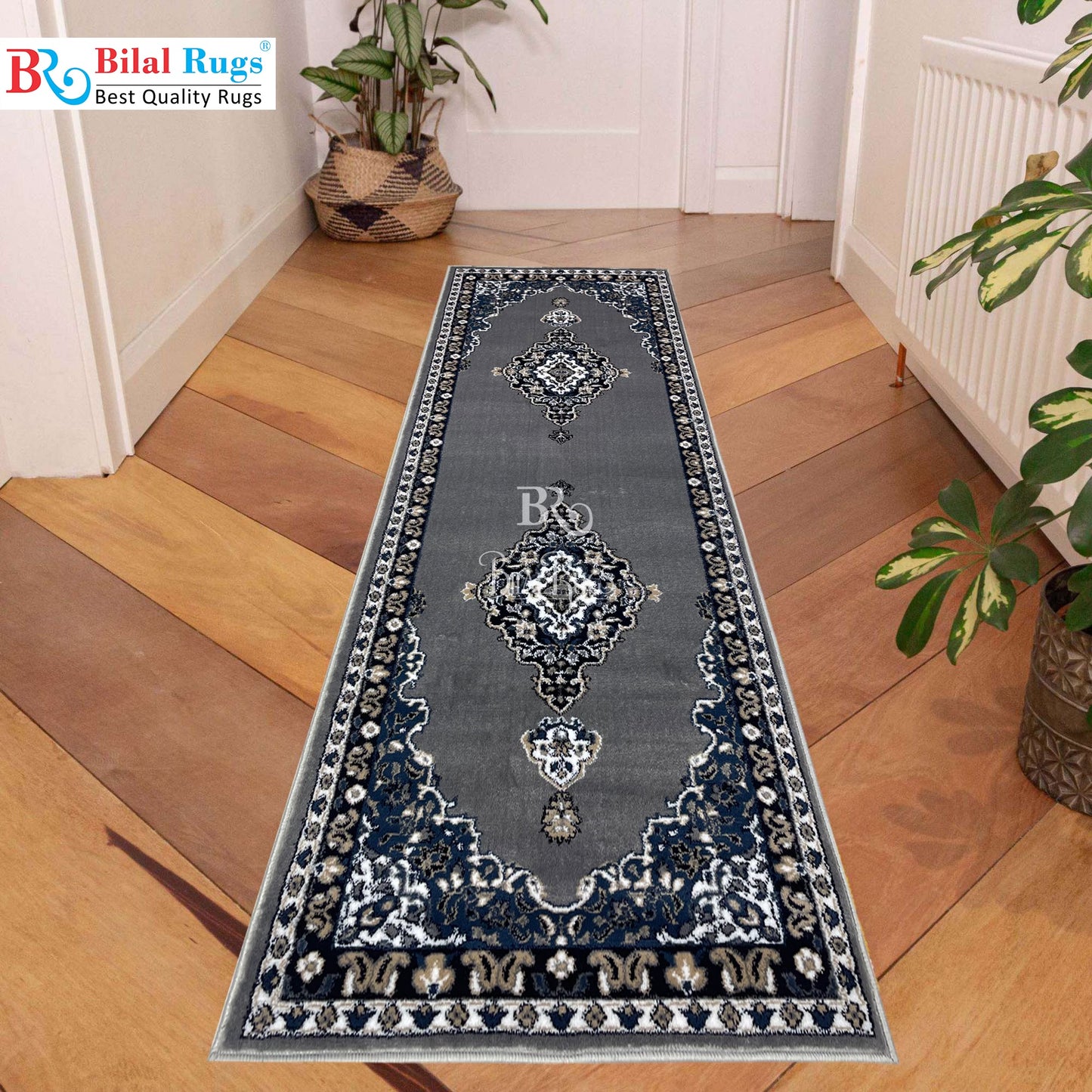 Grey Persian Polypropylene Woven Rug.  Size : 2.6 ft width x 6.6 ft length  (80 cm x 200cm)