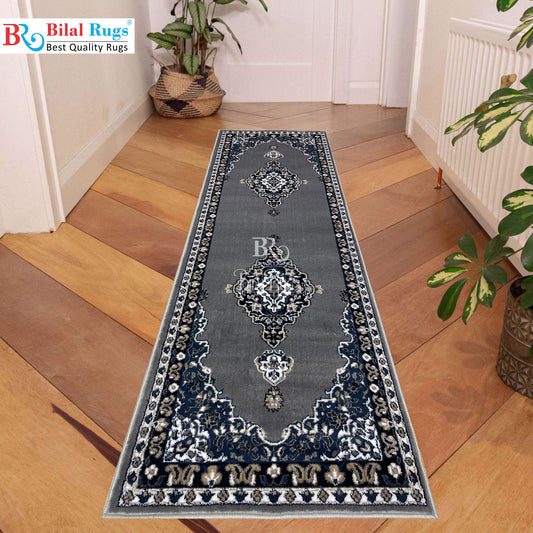 Grey Persian Polypropylene Woven Rug.  Size : 2.6 ft width x 6.6 ft length  (80 cm x 200cm)