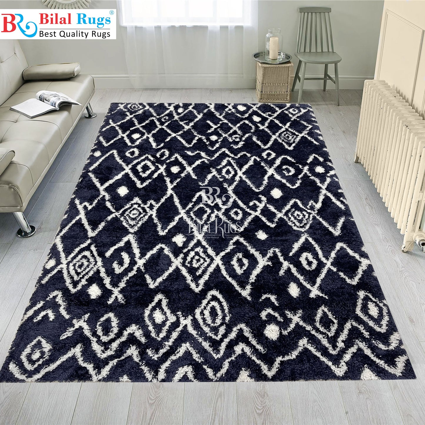 Turkish Shaggy Rug With Woven Back.  Size : 5 Ft Width x 7.3 Ft Length (160cm x 220cm) Article-05-Blue