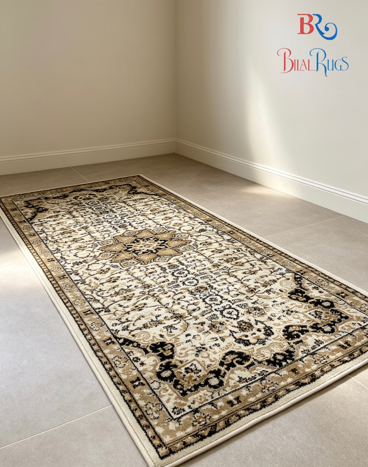 Off white Persian Polypropylene Woven Rug.
 Size : 2.6 ft width x 6.6 ft length
 (80 cm x 200cm)