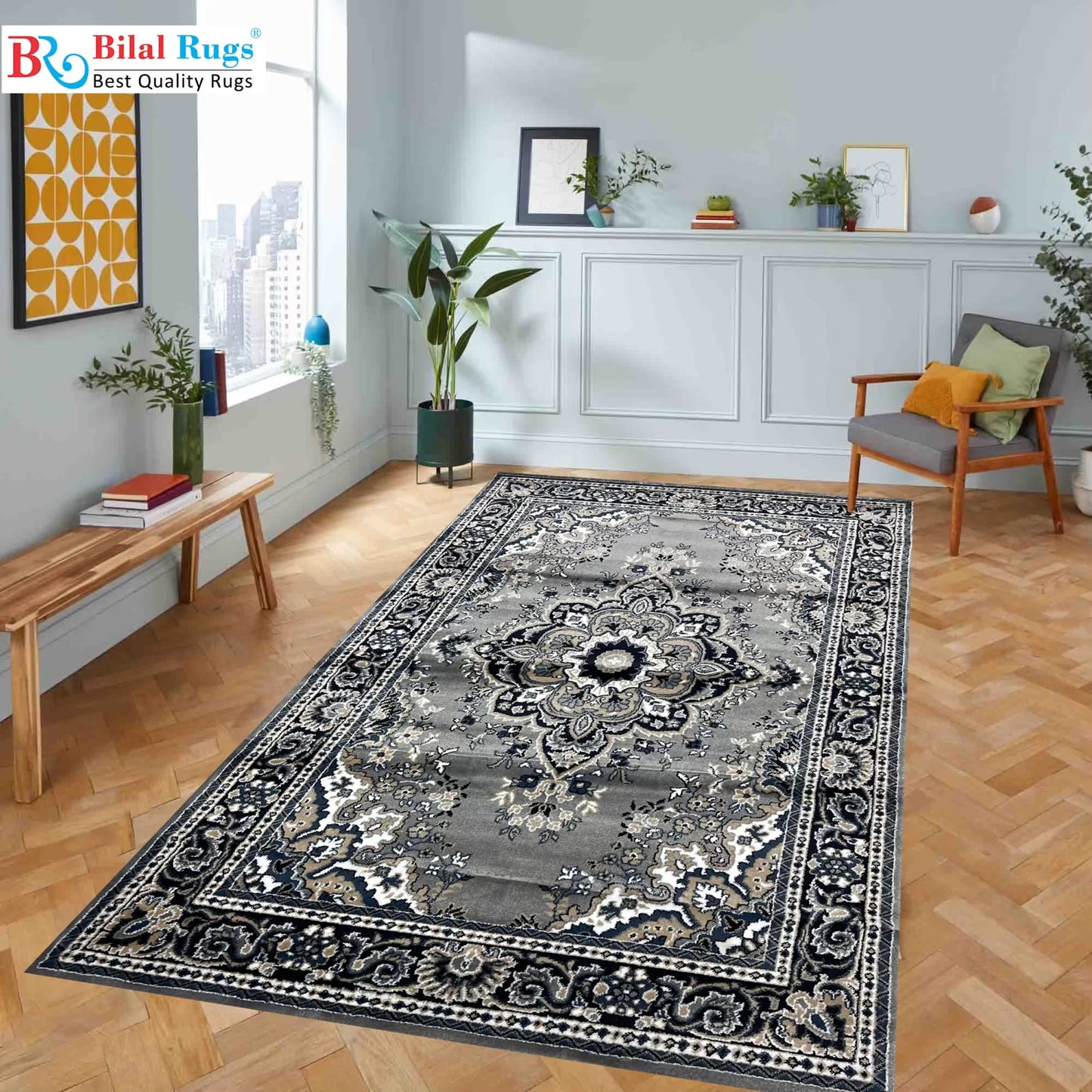 Persian Polypropylene Rug,Back Woven(Article-56-Grey)
Size : 5ft width  x 7.3ft length (150cm x 220cm)