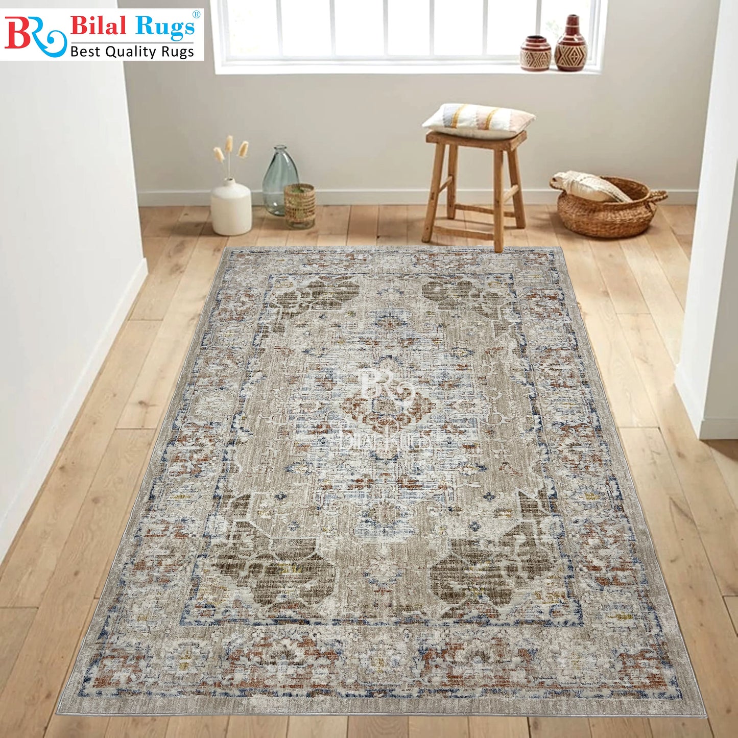 Turkish Polypropylene Silk. Woven Back (Article-1670-Off white )
Size : 5ft width  x 7.3ft length (150cm x 220cm)