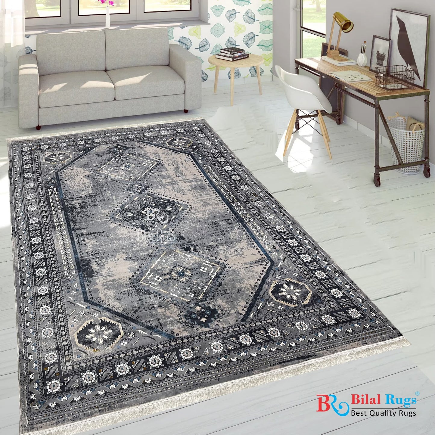 Persian Thick Woven Rug.  Article -2086-Grey Size: 6.6 ft width x 9.6 ft length (200cm x 290cm)