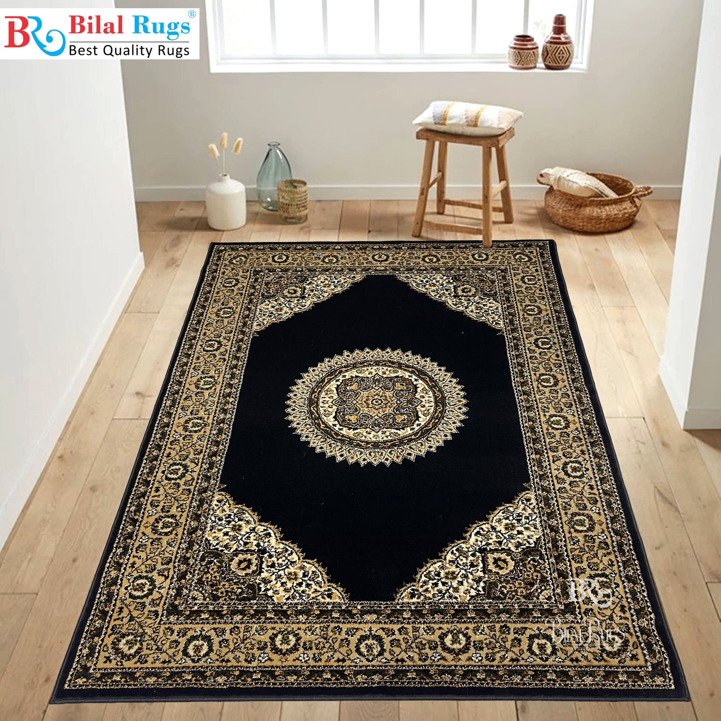 Persian Polypropylene Rug,back woven(Article-31-Black)
Size : 5ft width  x 7.3ft length (150cm x 220cm)