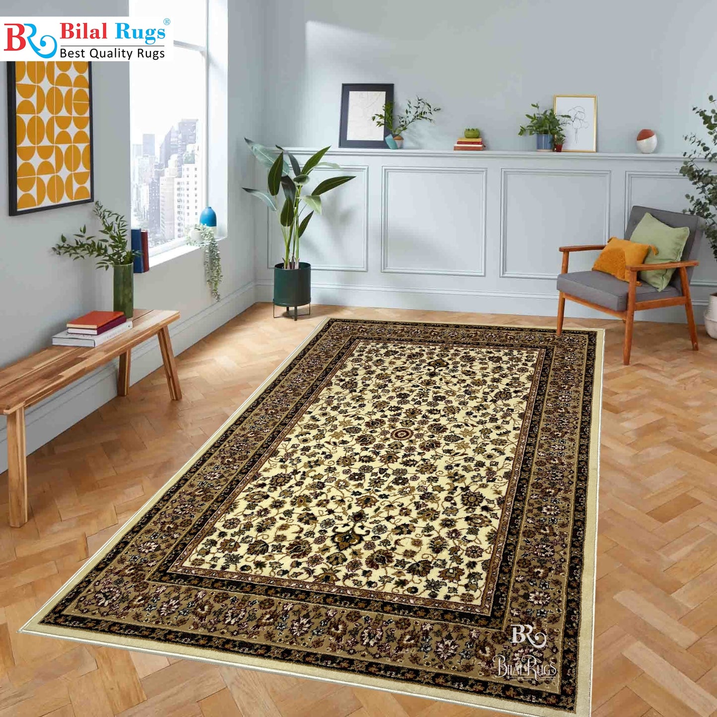 Persian Polypropylene Rug,back woven(Article-140-Off white) Size : 5ft width  x 7.3ft length (150cm x 220cm)