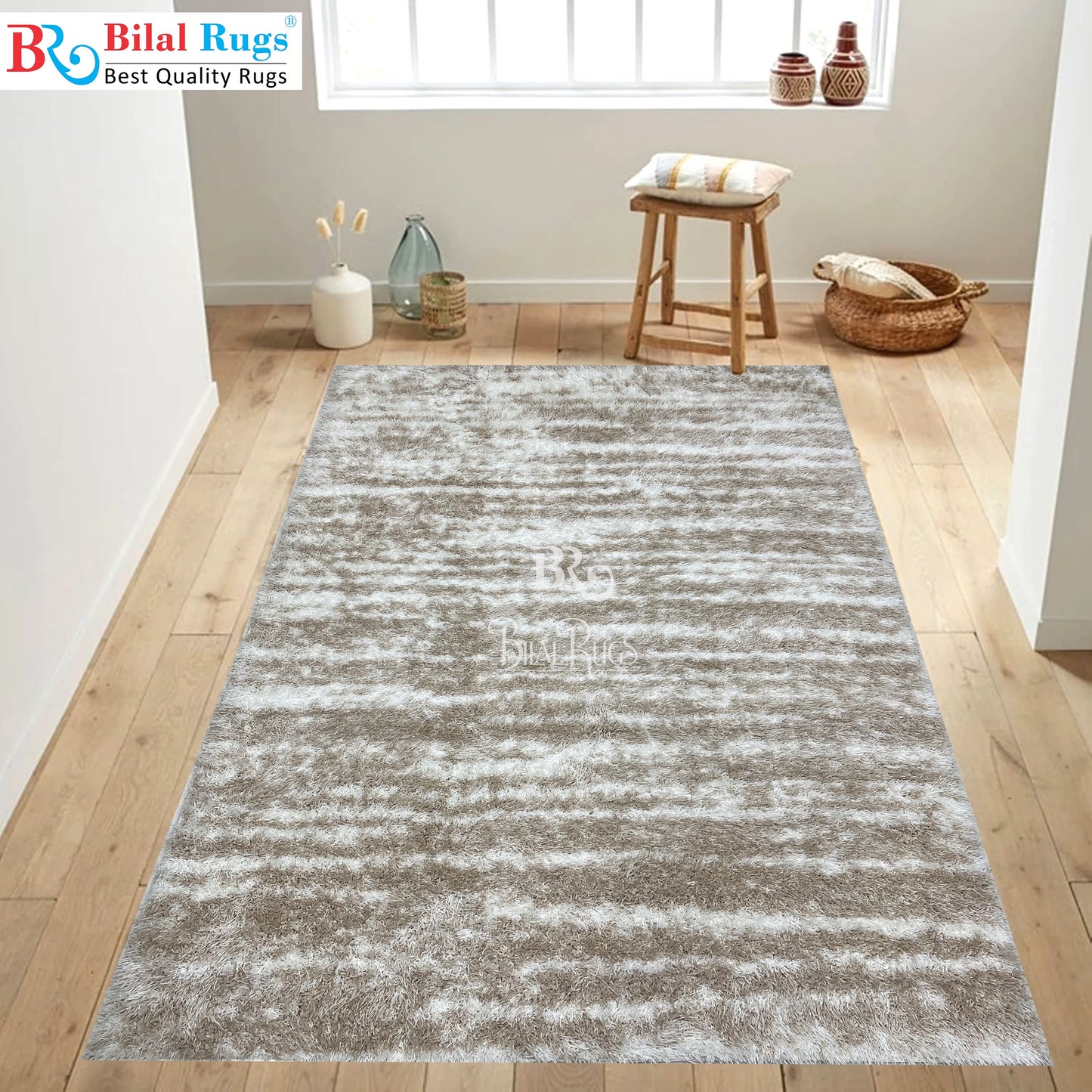 Turkish Shaggy Rug With Woven Back.  Size : 5 Ft Width x 7.3 Ft Length (160cm x 220cm) Article-10-Off White, Beige