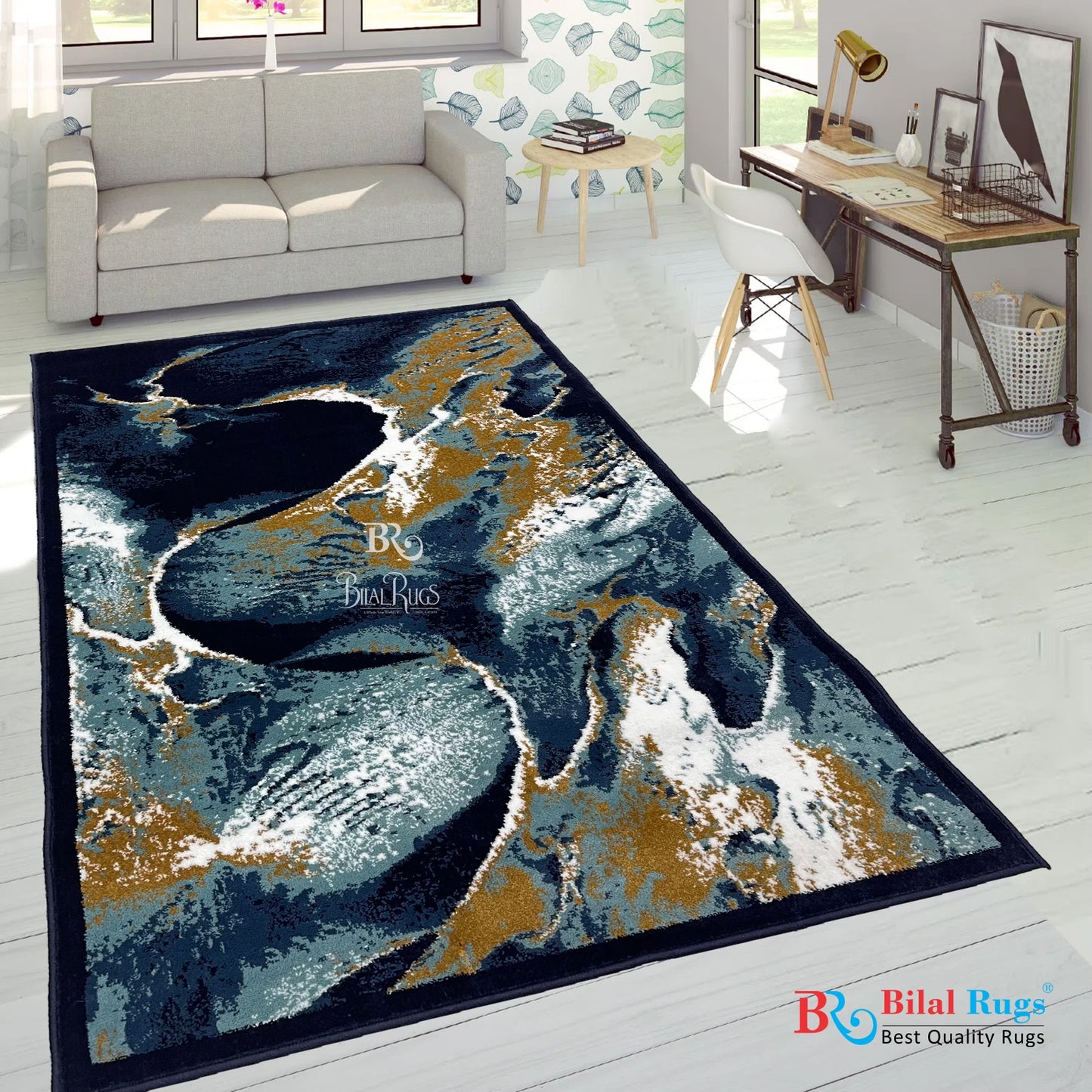 Modern Polypropylene Rug,back woven(Article-1443-Blue) Size : 4 ft width x 5.6 ft length (120 cm x 170 cm)