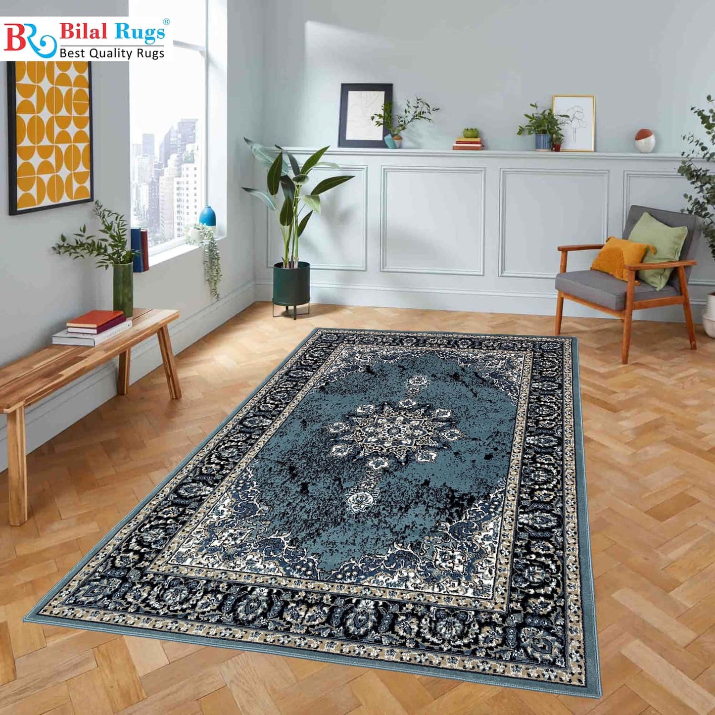 Modern  Polypropylene woven Rug.
Article-4719-Light Blue
Size : 5ft width  x 7.3ft length (150cm x 220cm)