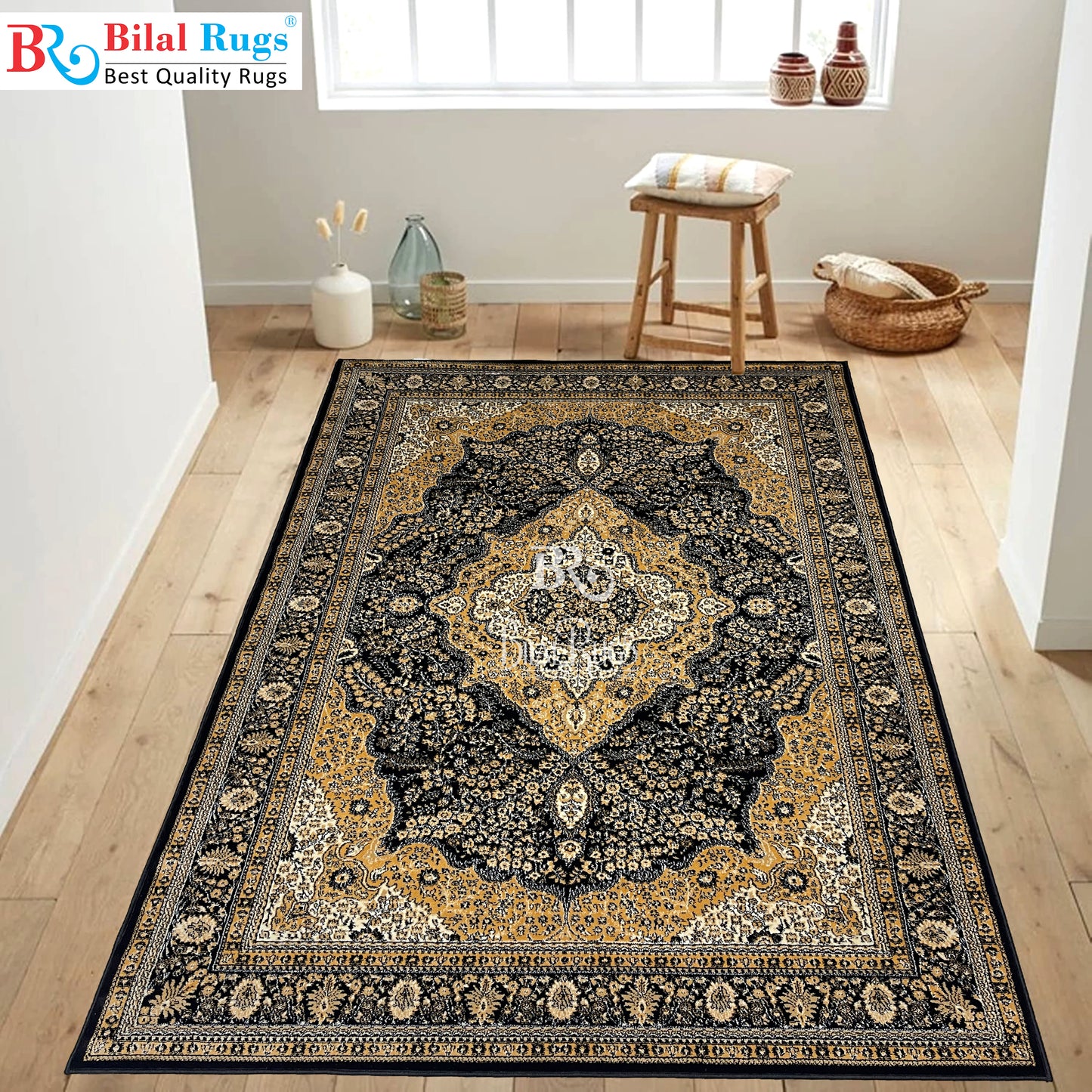 Persian polypropylene Rug,back woven(Article-25-Black) Size : 6.6 ft width x 9.6 ft length (200cm x 290cm)