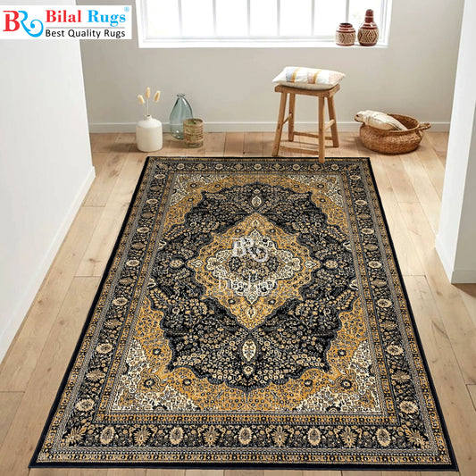 Persian polypropylene Rug,back woven(Article-25-Black) Size : 6.6 ft width x 9.6 ft length (200cm x 290cm)