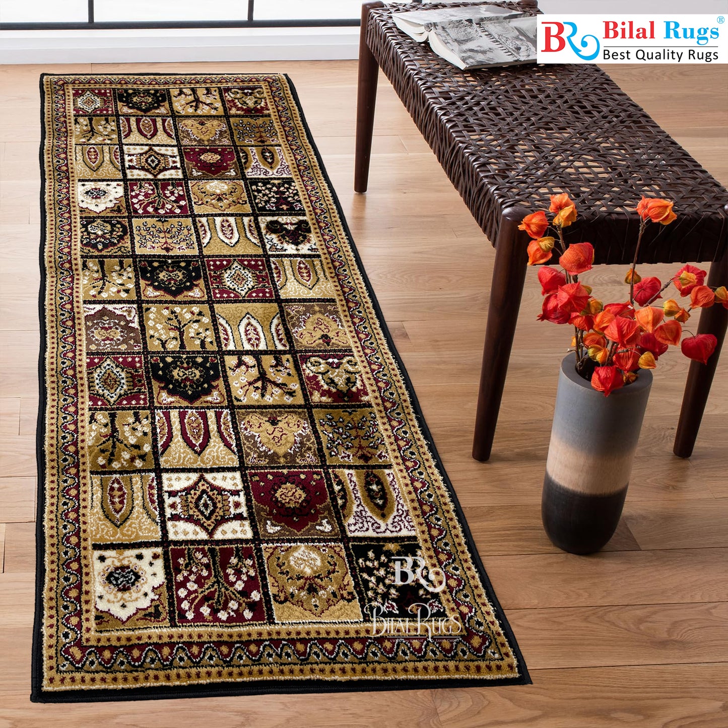 Black  Persian Polypropylene Woven Rug.  Size : 2.6 ft width x 6.6 ft length  (80 cm x 200cm)