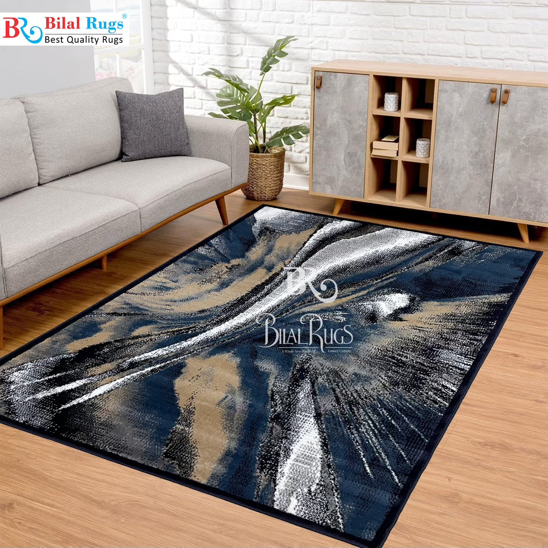Modern polypropylene Rug,back woven(Article-1777-Blue) Size : 5 ft width x 7.3 ft length ( 150 cm x 220 cm)