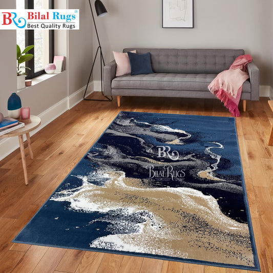 Modern polypropylene Rug,back woven (Article-175-Blue) Size : 4 ft width x 5.6 ft length (120 cm x 170 cm)