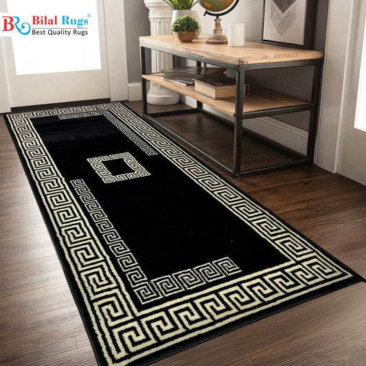 Black versace Polypropylene Woven Runner.
 Size : 2.6 ft width x 6.3 ft length
 (80 cm x 200cm)