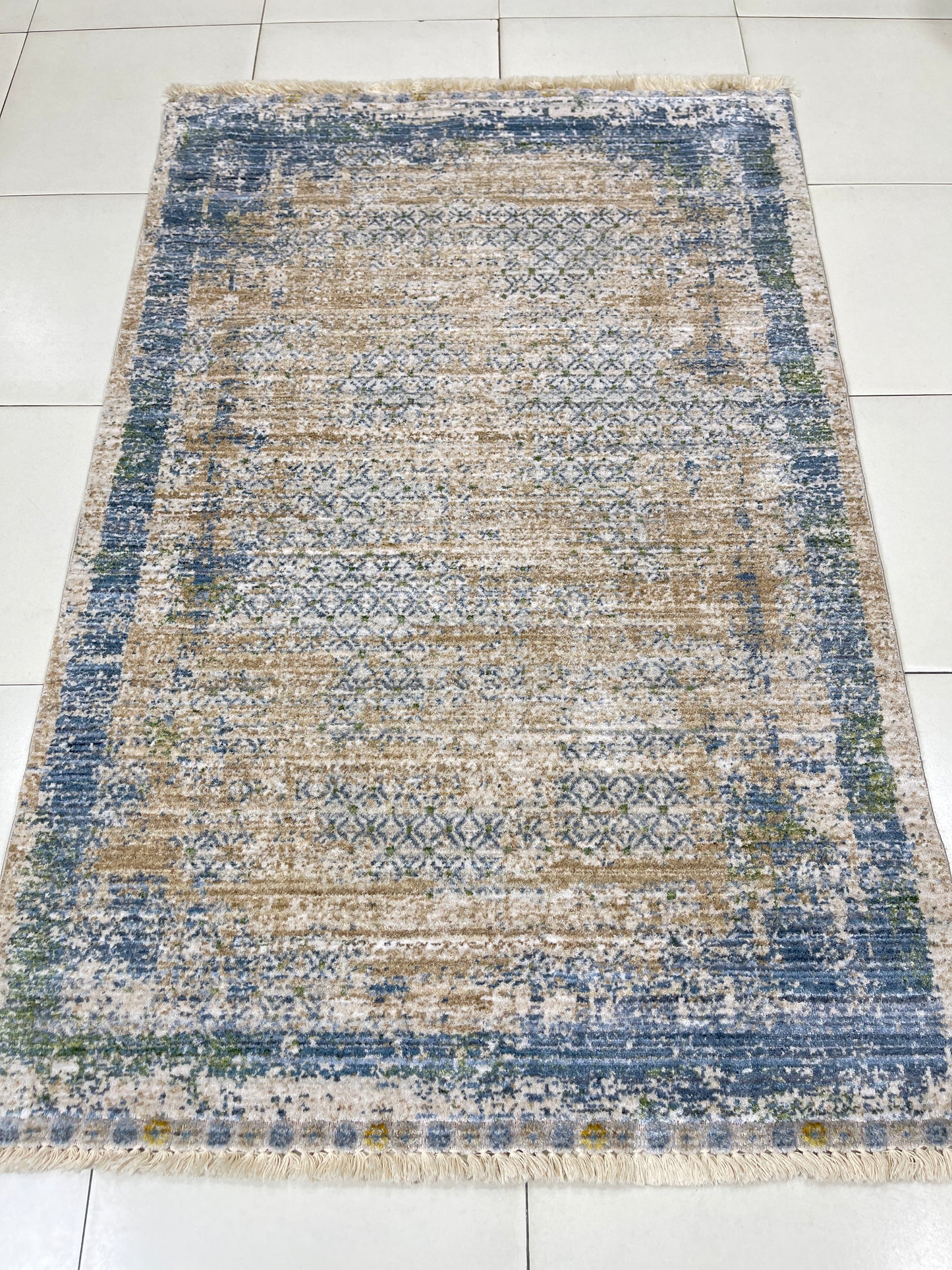 Turkish viscose Rug , Woven Back
Article-320-Beige ,Blue 
Size : 3 ft width x 5 ft length (100 cm x 150cm)