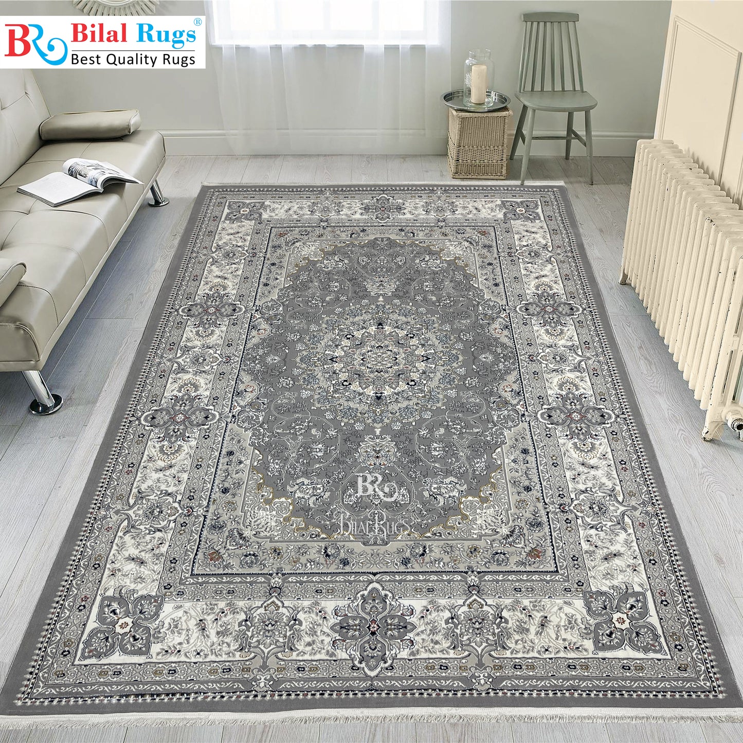 New Turkish Silk (Surya A) 
Size: 6.6 ft width x 9.6 ft length (200cm x 290cm)
Article -602- Grey