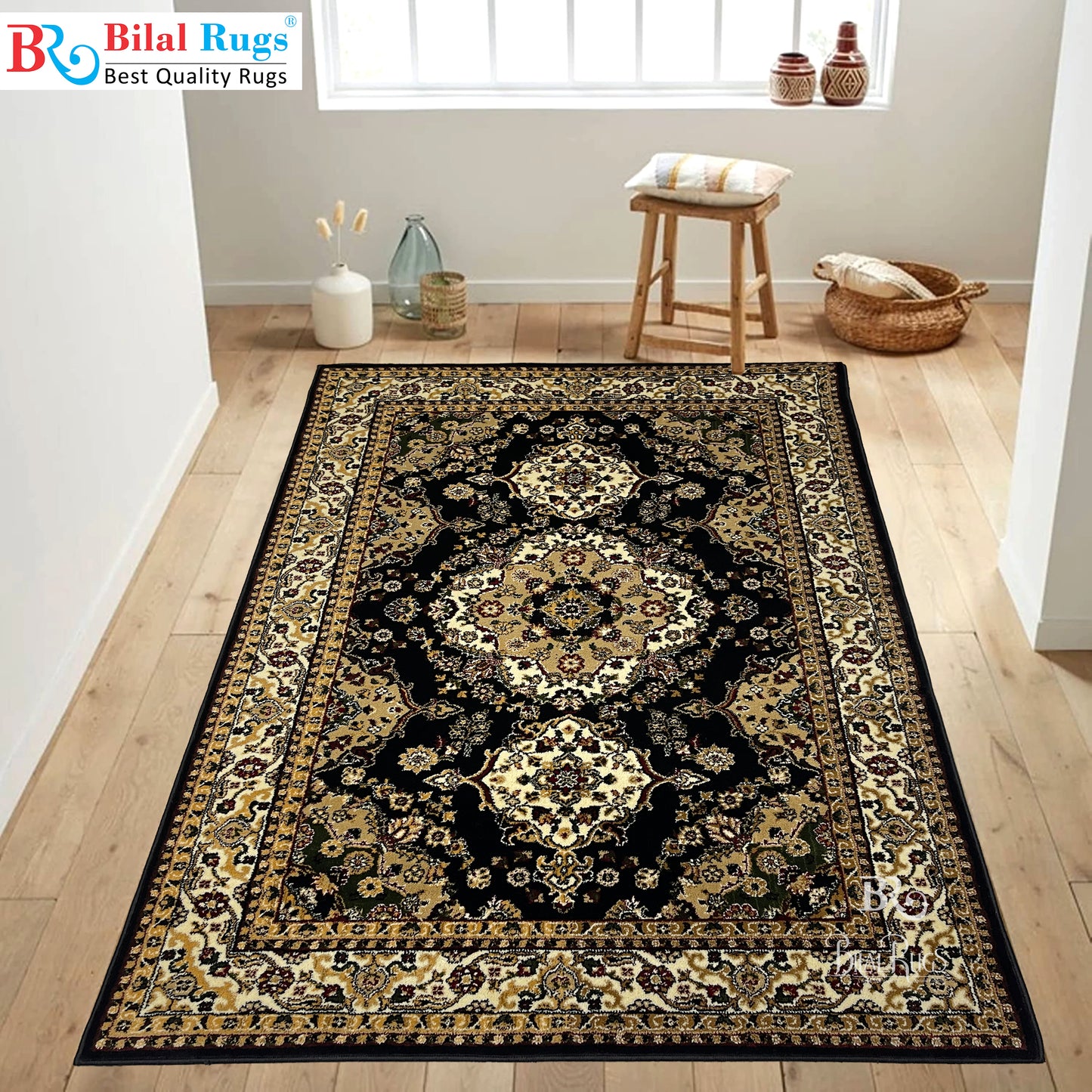 Persian Polypropylene Rug,back woven(Article-28-Black)
Size : 5ft width  x 7.3ft length (150cm x 220cm)