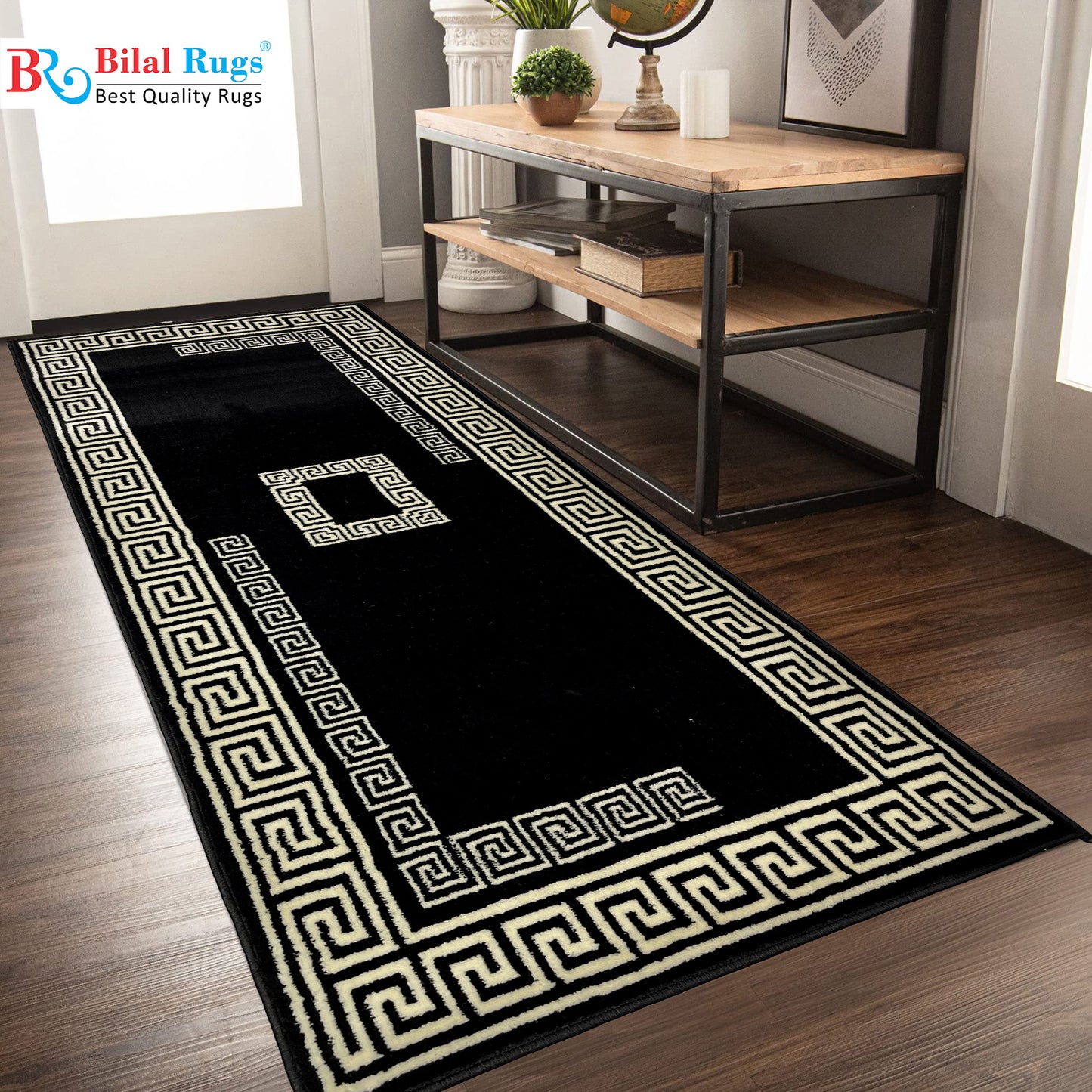 Black Modern Polypropylene Woven Rug.  Size : 2.6 ft width x 6.6 ft length  (80 cm x 200cm)