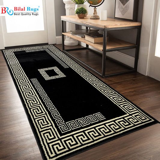 Black Modern Polypropylene Woven Rug.  Size : 2.6 ft width x 6.6 ft length  (80 cm x 200cm)
