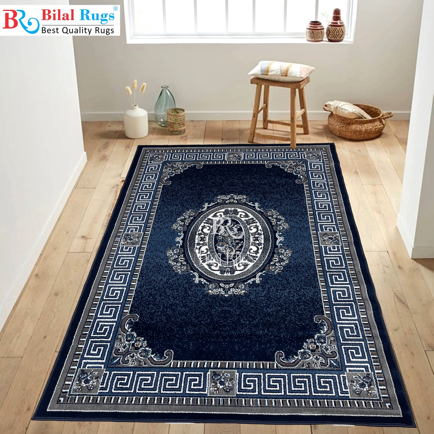 Versace Polypropylene Rug,back woven(Article-22-Dark Blue)
Size : 5ft width  x 7.3ft length (150cm x 220cm)