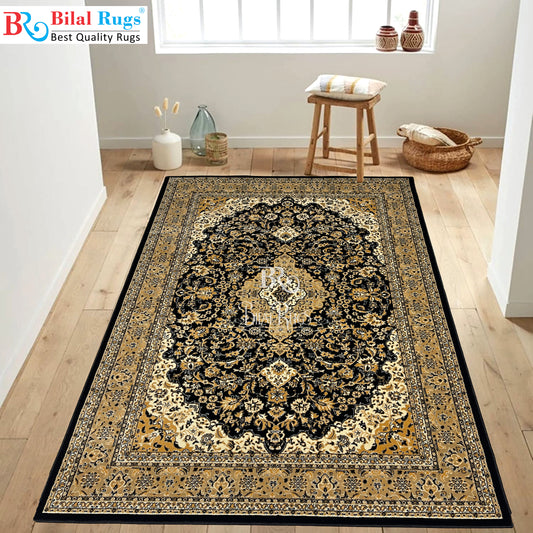 Persian polypropylene Rug,back woven(Article-01-Black) Size : 6.6 ft width x 9.6 ft length (200cm x 290cm)