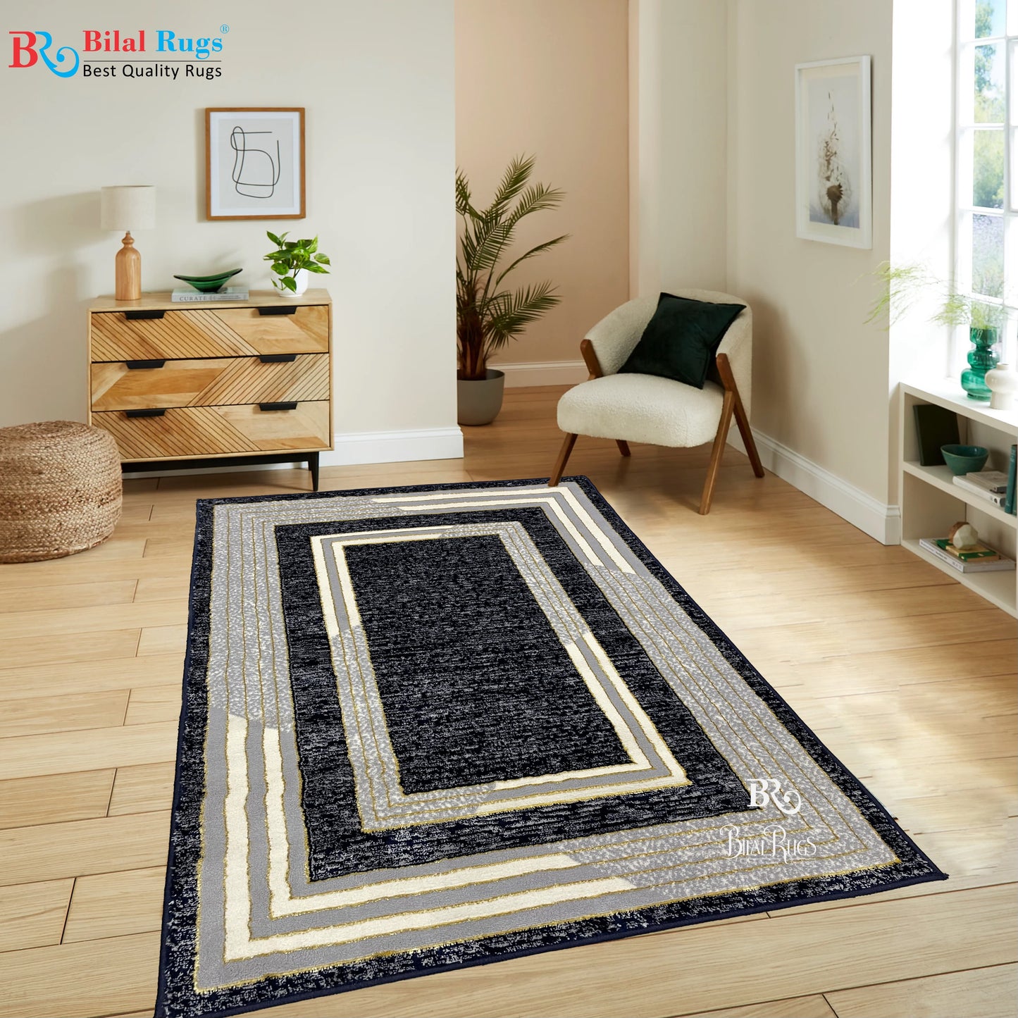 Polyester Silk Woven Rug.(Article-1454-Blue) Size : 3 ft width x 5 ft length ( 100cm x 150cm)