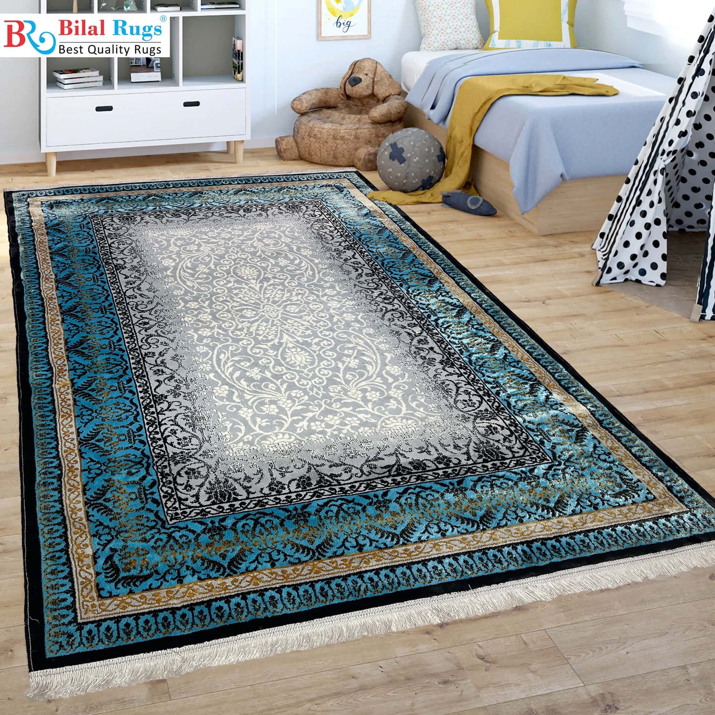 Irani silk Woven Rug.
Article-713-Feroze 
Size : 5ft width  x 7.3ft length (150cm x 220cm)