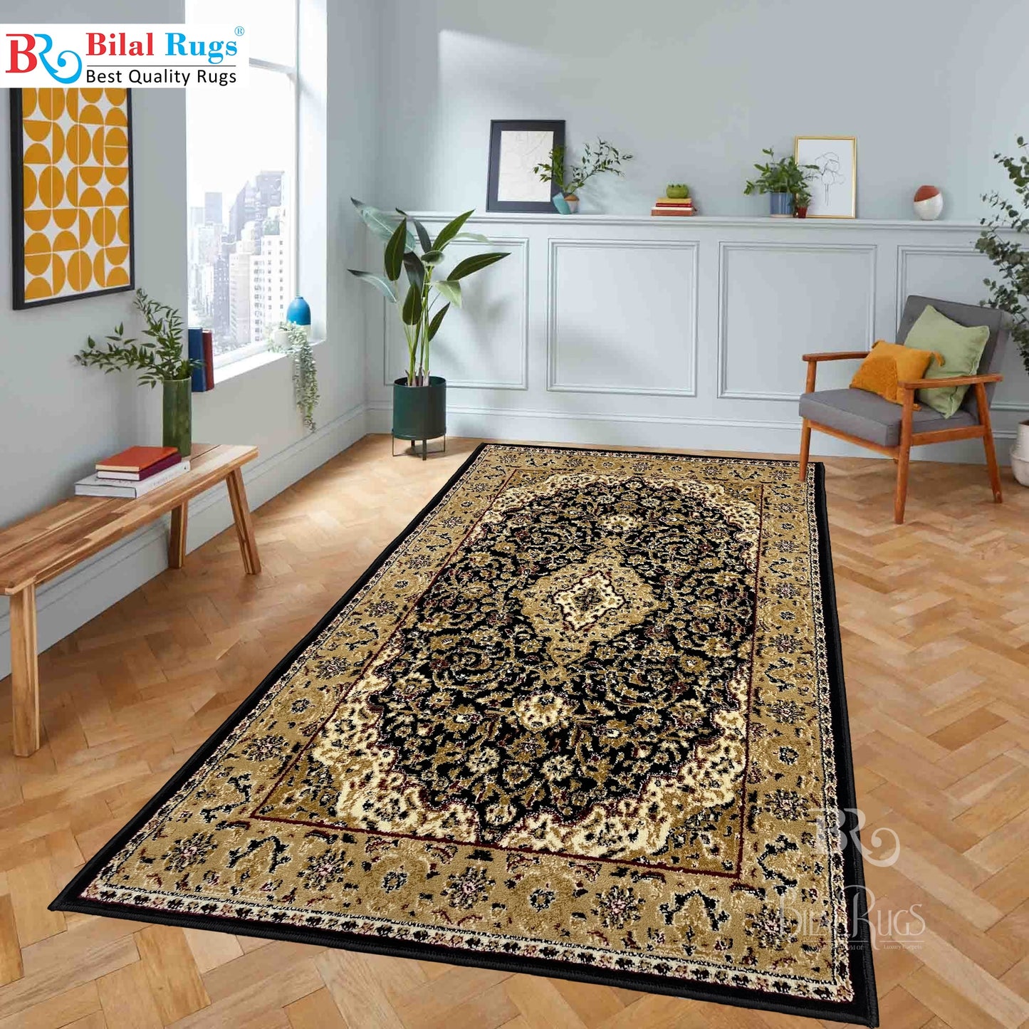 Persian Polypropylene Rug,Woven Back (Article-01-Black) Size : 3 ft width x 5 ft length (100cm x 150 cm)