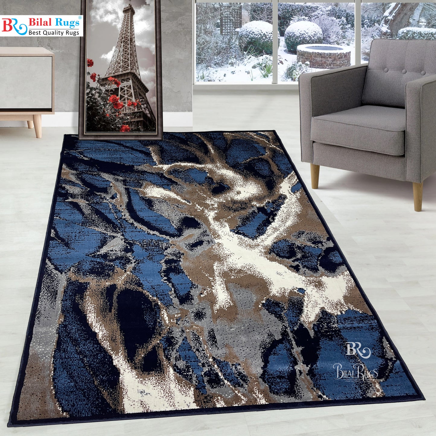 Modern Polypropylene Rug,back woven(Article-126-Dark Blue) Size : 6.6 ft width x 9.6 ft length (200cm x 290cm)