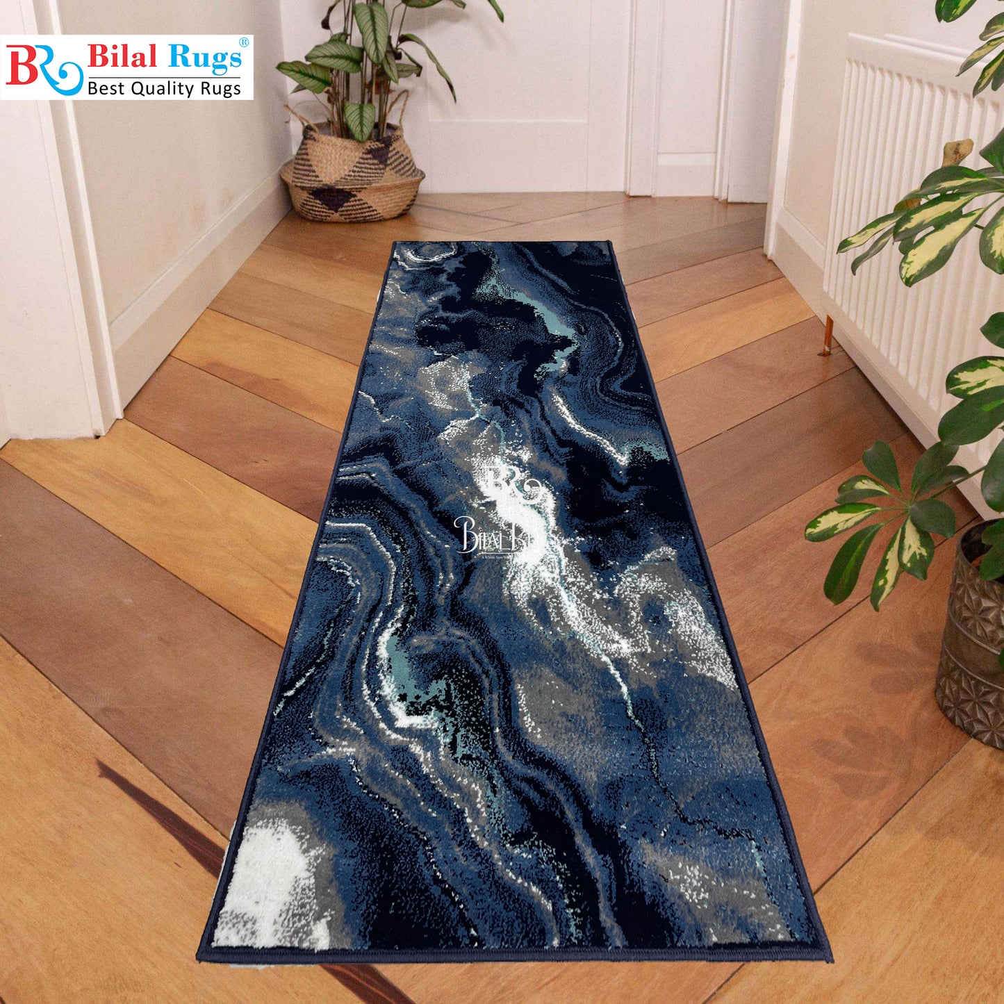 Dark Blue Modern Polypropylene Woven Rug.  Size : 2.6 ft width x 6.6 ft length  (80 cm x 200cm)