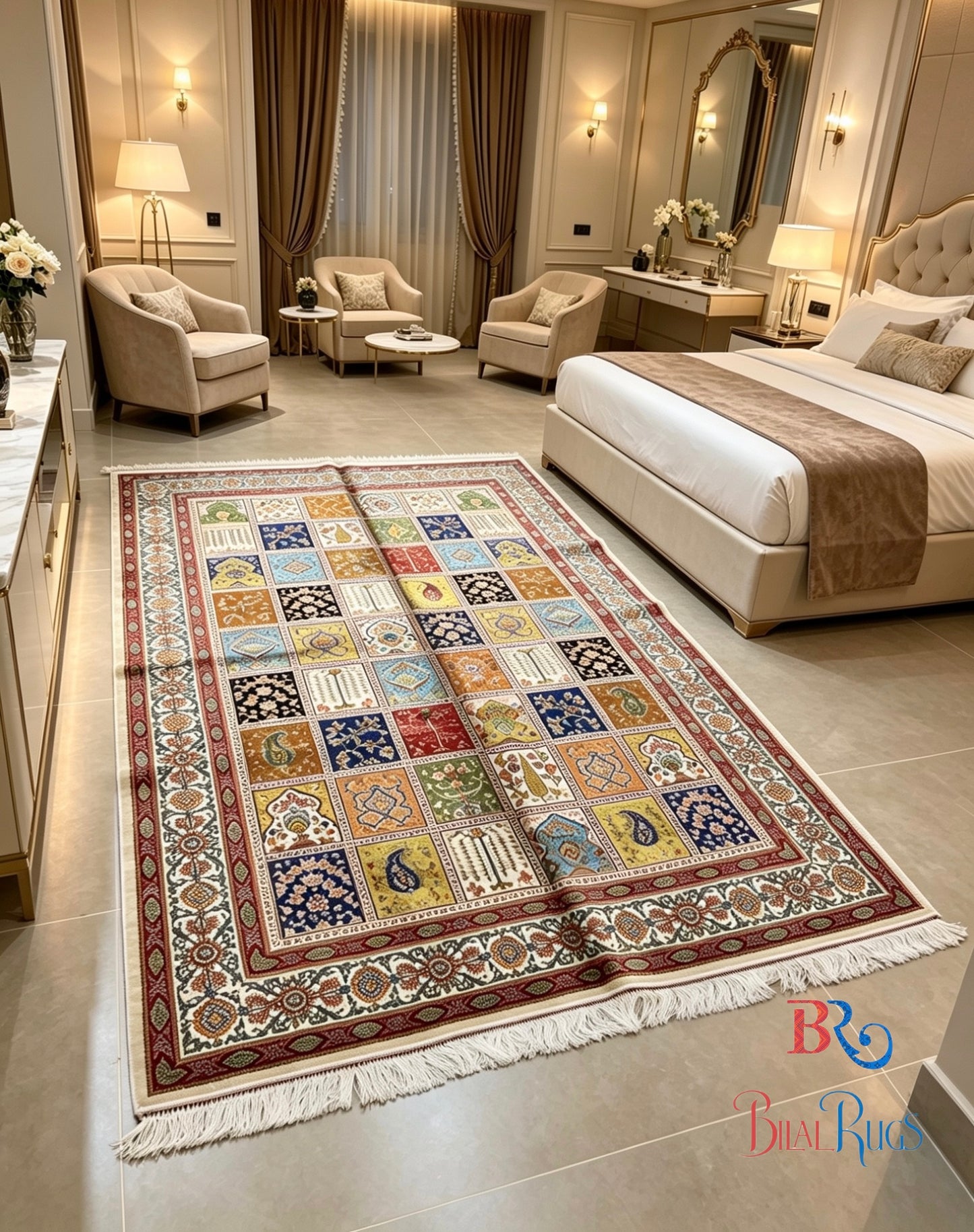 Premium Irani 1600 Reed Machine Made Rug - Off white & Multi with Cotton Back
Size : 5 ft width x 7.3 ft length (150cm x 225cm)