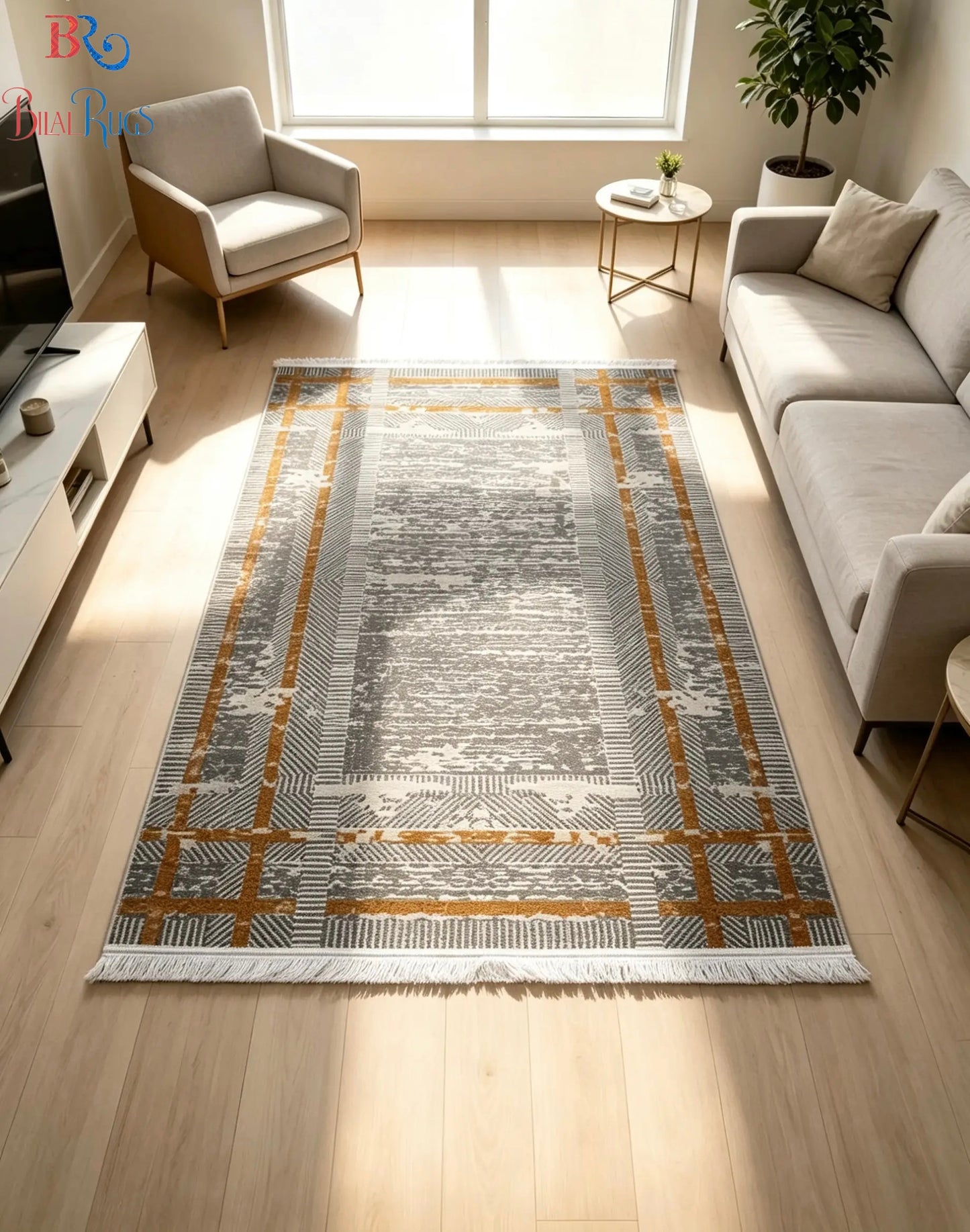 Irani viscose Rug , Woven Back Article-304-Grey,Rust Size : 3 ft width x 5 ft length (100 cm x 150cm)