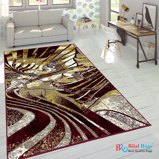 Polyester Silk Woven Rug.(Article-1556-Red , Gold) Size : 4 ft width x 5.6 ft length
