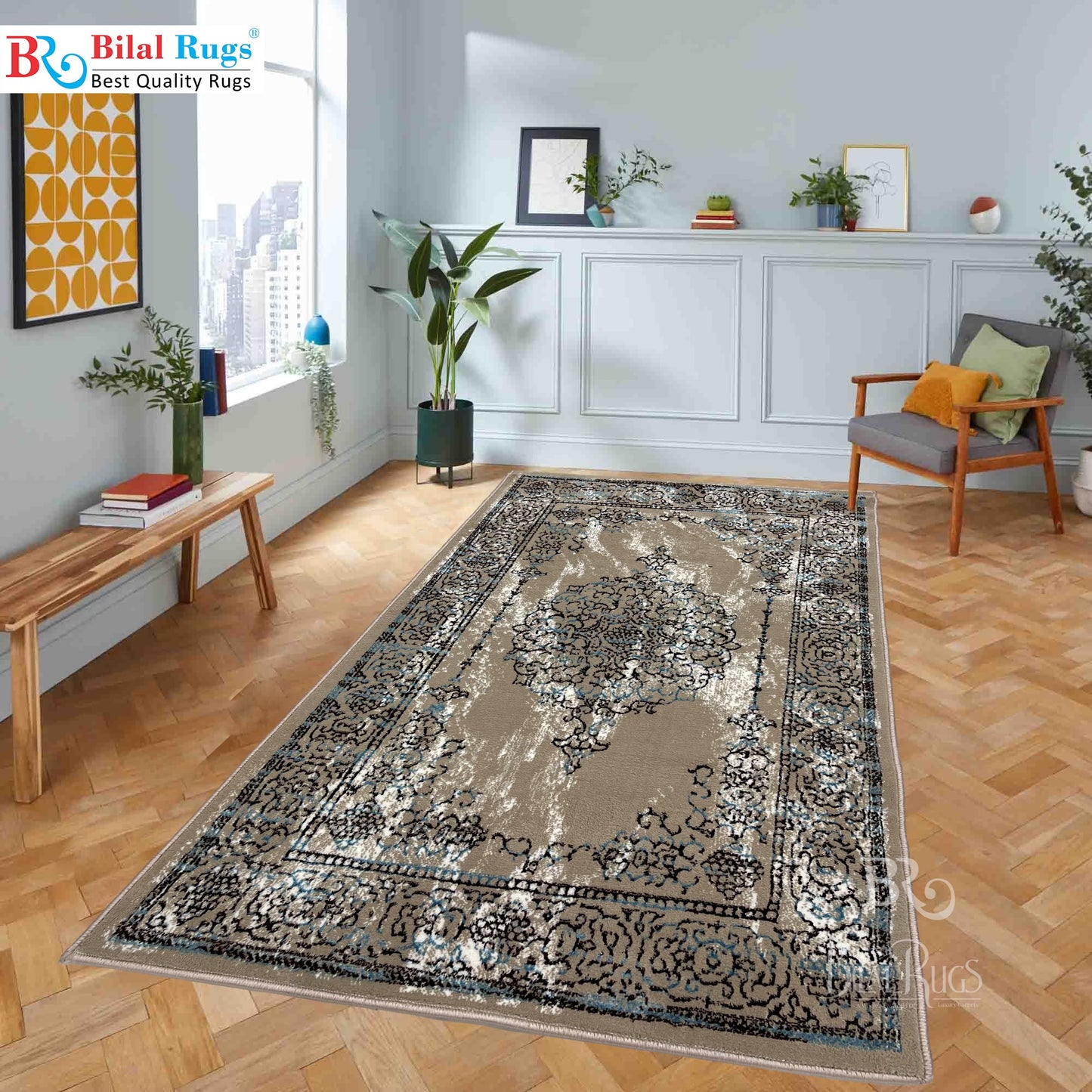 Polyester Silk Woven Rug.(Article-1455-Beige) Size : 3 ft width x 5 ft length ( 100cm x 150cm)