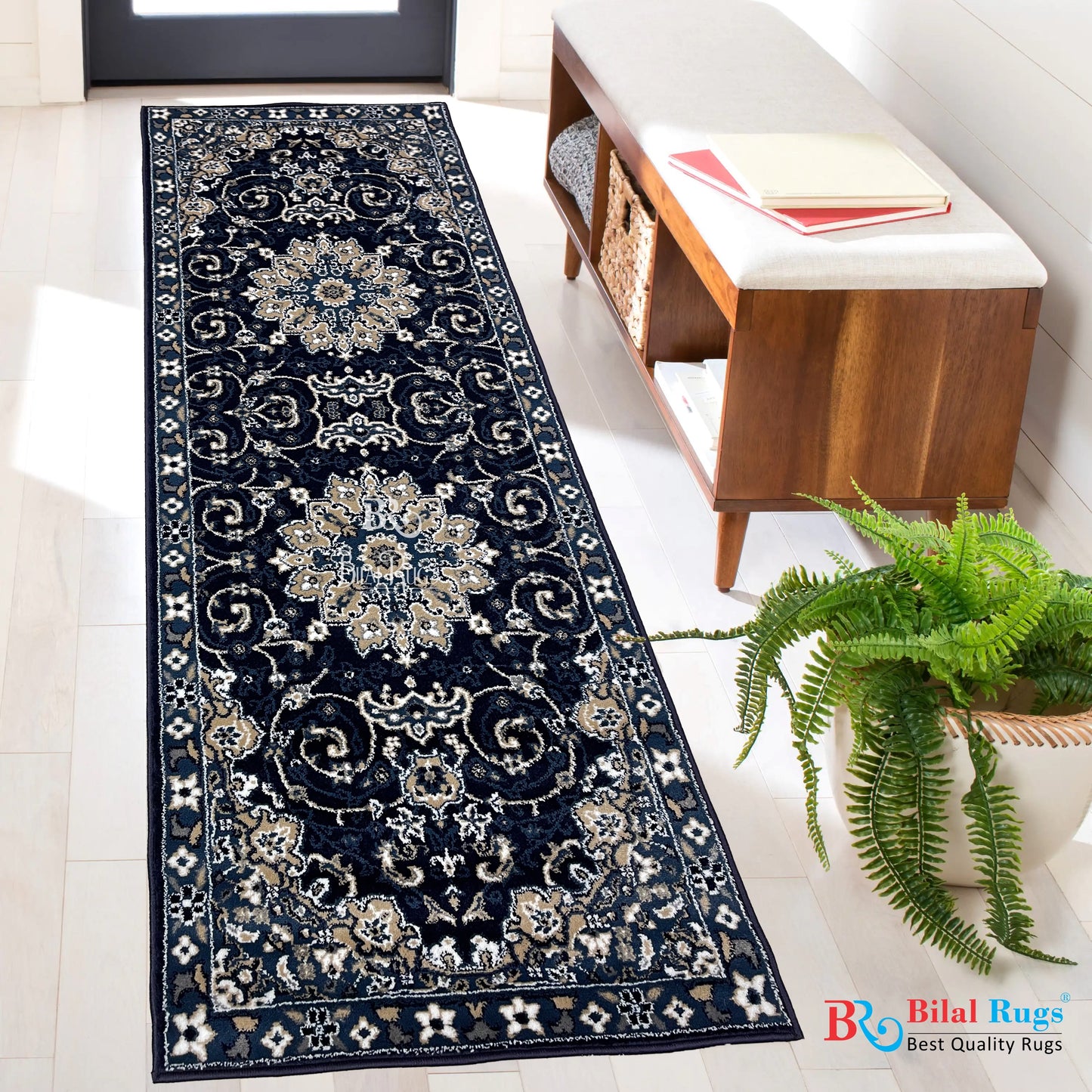 Blue Persian Polypropylene Woven Rug.  Size : 2.6 ft width x 6.6 ft length  (80 cm x 200cm)
