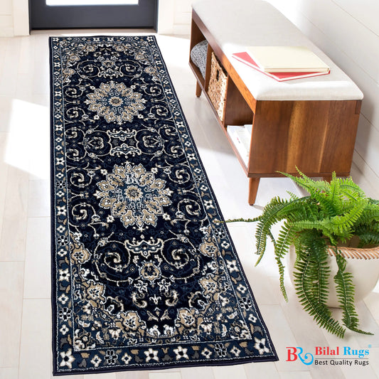 Blue Persian Polypropylene Woven Rug.  Size : 2.6 ft width x 6.6 ft length  (80 cm x 200cm)