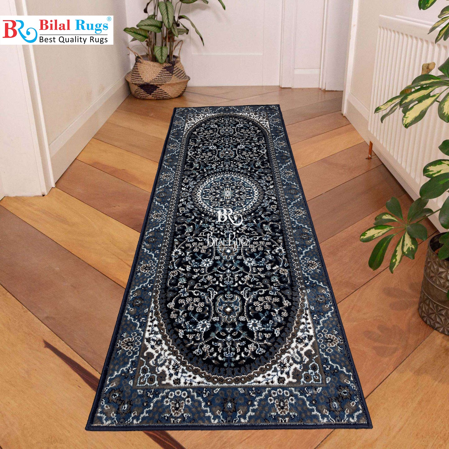 Blue Persian Polypropylene Woven Rug.  Size : 2.6 ft width x 6.6 ft length  (80 cm x 200cm)