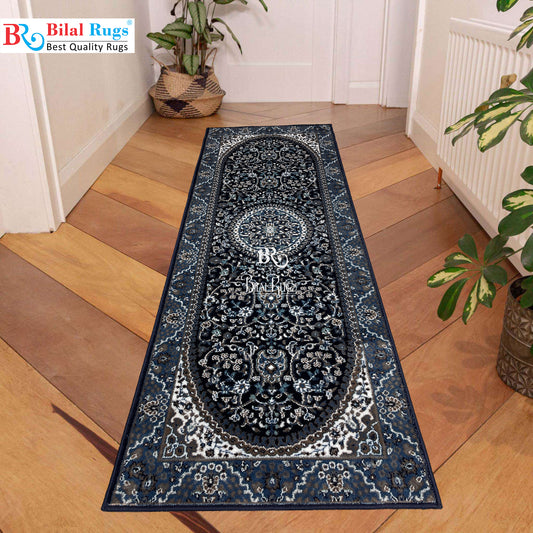 Blue Persian Polypropylene Woven Rug.  Size : 2.6 ft width x 6.6 ft length  (80 cm x 200cm)